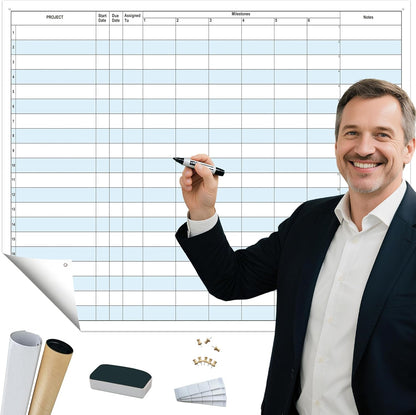 Large Dry Erase Project Planner for Tracking Milestones, 24x36 Inch Erasable Project White Board for Wall, Reusable Visual Milestone Tracker Poster Planning Status & Progress of Projects