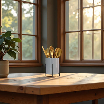Gold Pencil Cup Sturdy Metal Frame With White Ceramic Pen Holder For Desks and kitchen Appliance Holders