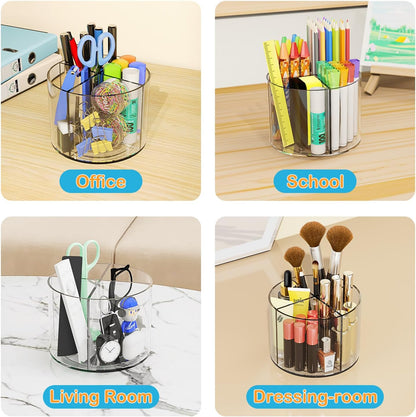 Mefirt Acrylic Pen Holder, 360 Degree Rotating Pen Organizer, Rotating Desk Acrylic Office Organizer with 6 Compartments, Marker Organizer for Kid, Crayon Caddy School Art Supply Storage Organizer