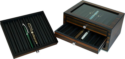 Stackable Wooden Display Case with Drawer – Slot Ebony Pen Cabinet, Luxury Fountain Pen Storage Box with Glass Window for Collection (2)