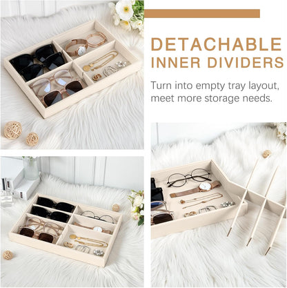 Emibele Glasses Organizer Jewelry Tray, 8 Grids with Clear Lid Velvet Tray Watch Storage Stackable Jewelry Showcase Display Storage with Detachable Inner Dividers, Beige