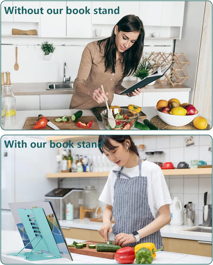 MSDADA Desk Book Stand Metal Reading Rest Book Holder Adjustable Cookbook Documents Holder Bookstands for Recipes Textbook Music Books, the First Day of School Gift for Students, Teachers (Light Blue)