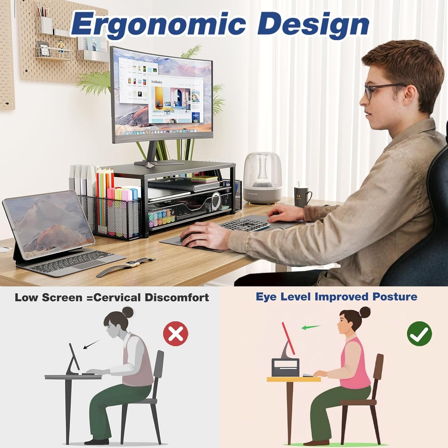 OPNICE Desk Organizers and Accessories, Computer Monitor Stand Riser with Drawer and 2 Pen Holders, Printer & Laptop Stand, Office Desk Accessories & Workspace Organizers for Home Office Supplies, Black
