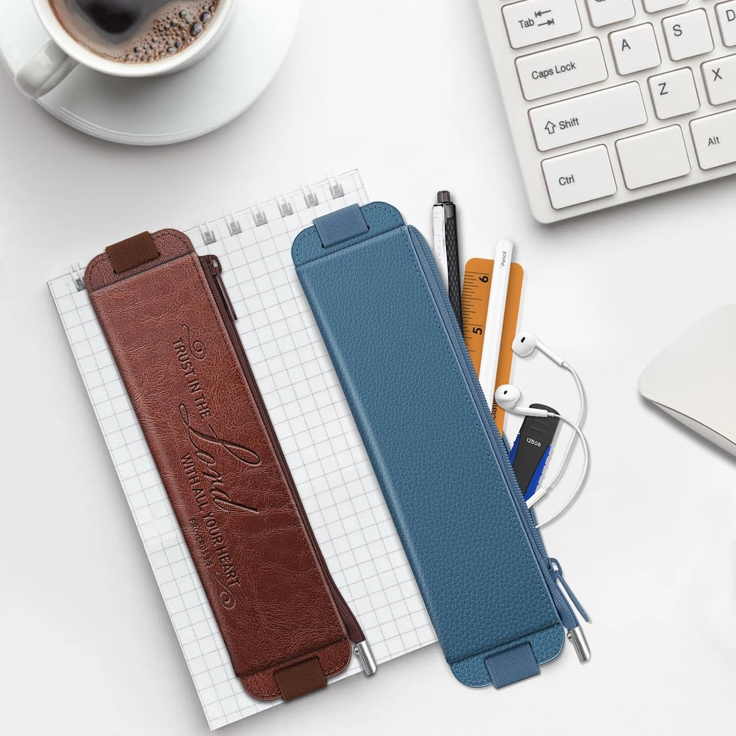 FINPAC 2-Pack Elastic Pen Holder for Notebook, Leather Pen Holder Stationery Zipper Bag for Pencils, Markers, Pen Pouch w/Elastic Band for Bible Journaling, Planners, Tablets, Brown