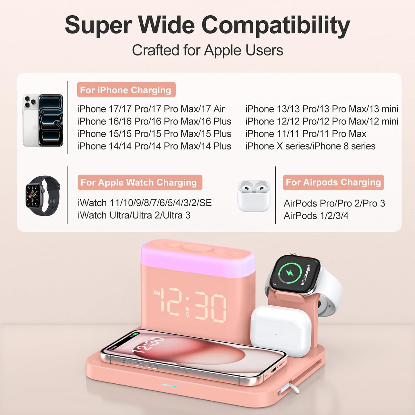 ANJANK Wireless Charging Station,5 in 1 Multiple Charger Stand with Alarm Clock,7 Night Light,Magnetic Charging Dock for iPhone 17 16 15 14 13 12 Pro Max Plus,Apple Watch 11/10/9/8,for Airpods,Bedroom
