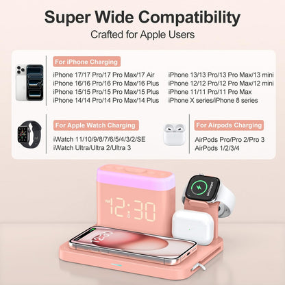 ANJANK Wireless Charging Station,5 in 1 Multiple Charger Stand with Alarm Clock,7 Night Light,Magnetic Charging Dock for iPhone 17 16 15 14 13 12 Pro Max Plus,Apple Watch 11/10/9/8,for Airpods,Bedroom