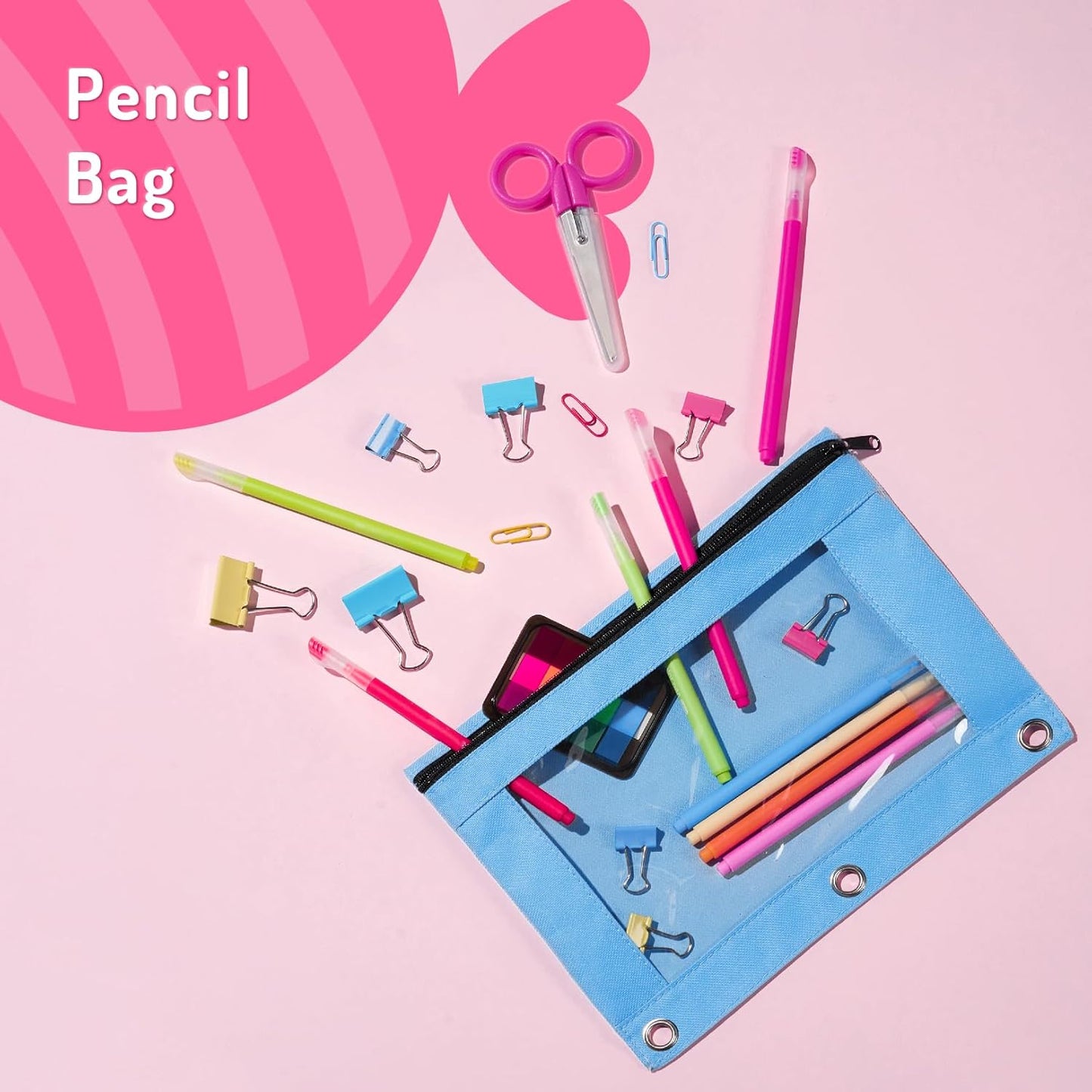 Forvencer Pencil Pouch for 3 Ring Binder, Large Pencil Case Pouch with 3 Reinforced Grommets, Pen Bag, Clear Window Pencil Case, Binder Accessories, Black