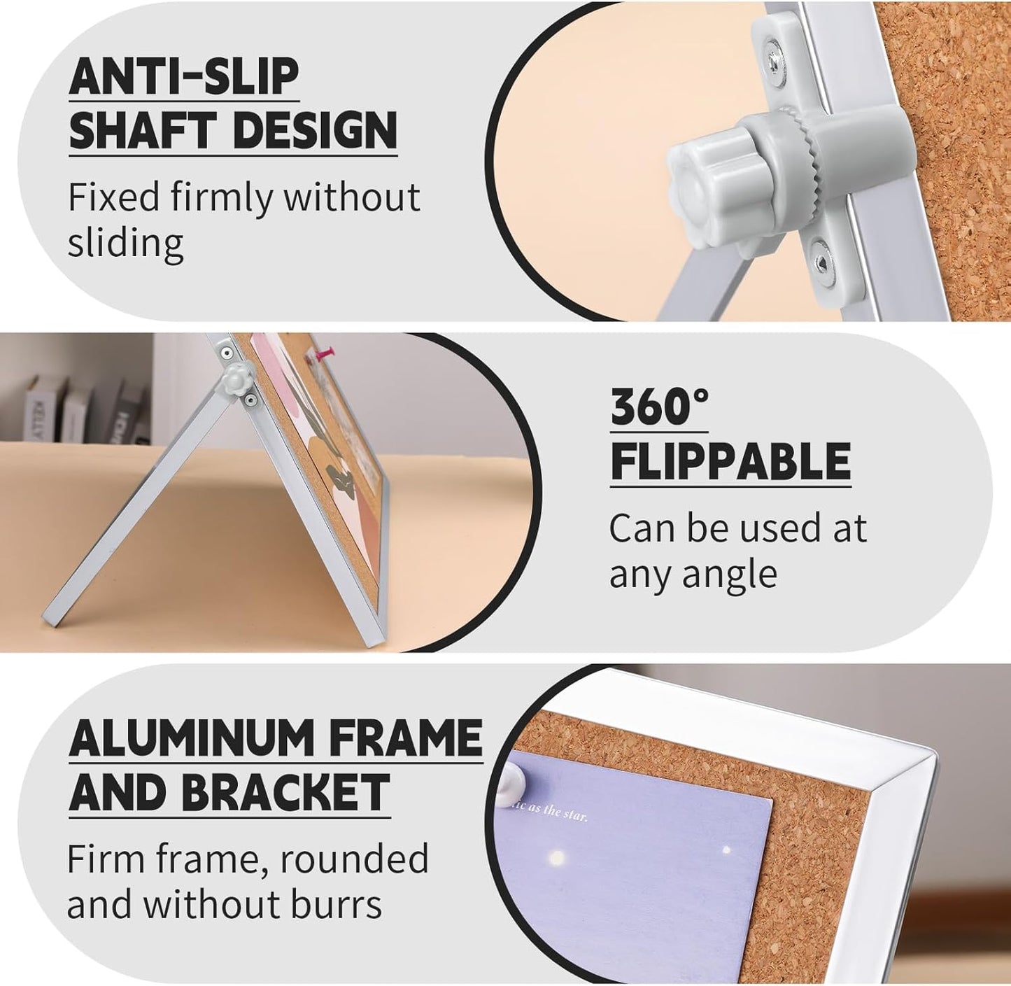 9.8"×9.8" Cork Board Bulletin Board, Double Sided Pin Board with Silver Aluminum Border, Desktop Small Cork Board with Stand Suitable for Home, Office, Desk Message Board or Picture Board