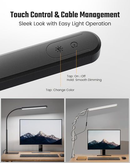 SUPERDANNY Eye-Caring LED Desk Lamp 360° Flexible Gooseneck Work Lamp with Desk Side Clamp Touch Control 3 Light Colors Smooth Dimming Task Lighting Reading Light for Home Office College Dorm, Black