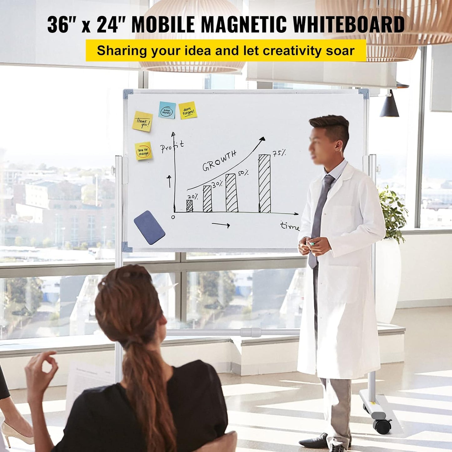 VEVOR Magnetic Glass Whiteboard, Dry Erase Board 36"x24", Wall-Mounted Large White Glassboard Frameless, with Marker Tray, an Eraser and 2 Markers, Black
