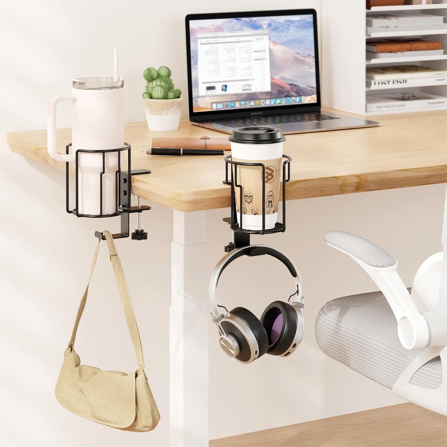 Large Desk Cup Holder, 2-in-1 Clip On Cup Holder with Headphone Hook, Heavy-Duty Metal Drink Holder for Insulated Tumblers, Big Water Bottles, Fits Office Desk Organizer, Dorm, Gaming Setup (1 Pack)