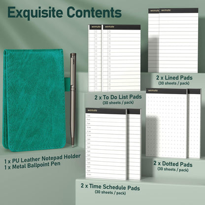 WEMATE 10 Pieces Notepad Holder Set Pocket Notebook - Included Mini Pocket Notepad Holder Set with 8 Memo Book Refills and Metal Pen for Meetings, Daily Records, and Notes 3 x 5 Inch (Brown)