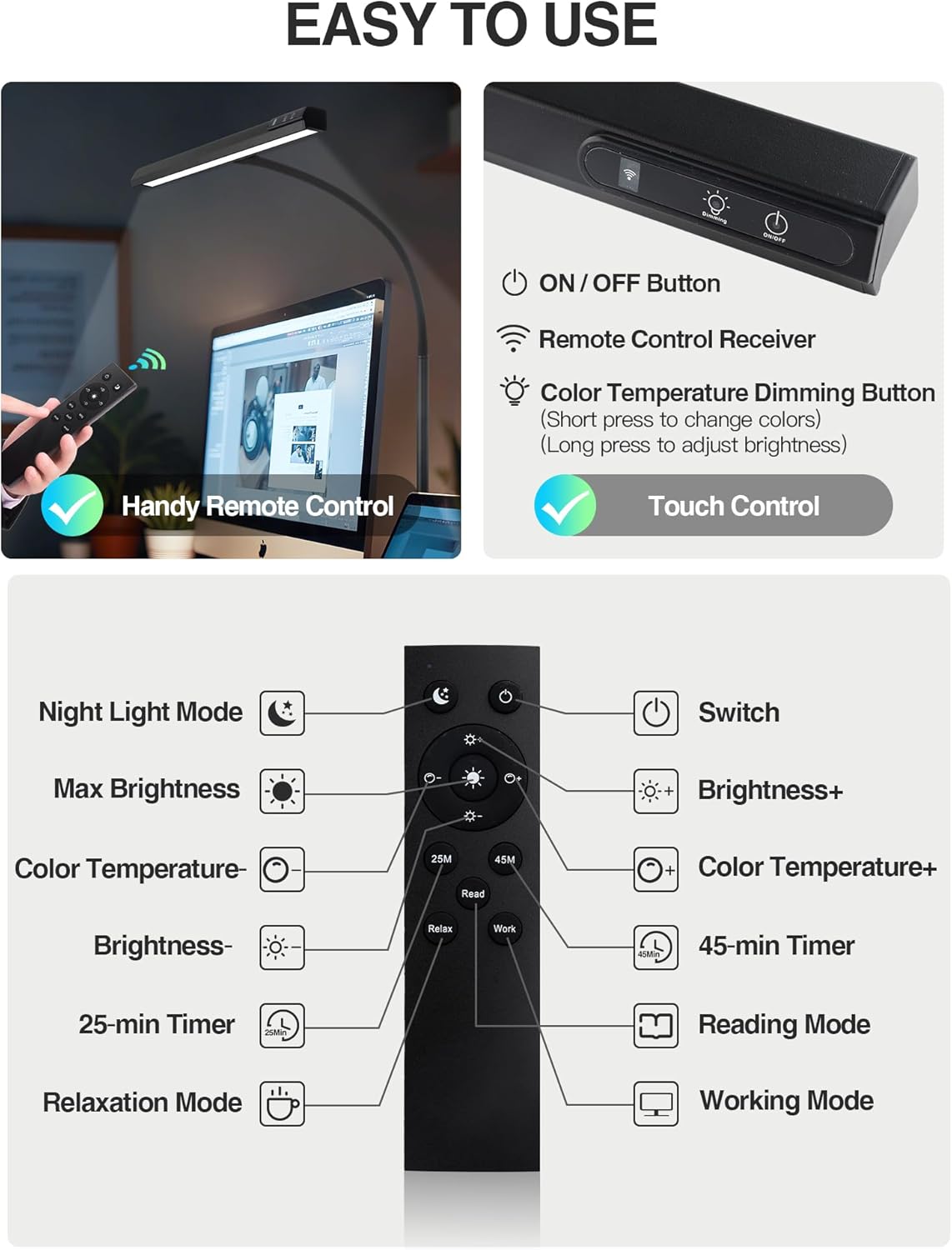LED Desk Lamp for Home Office,5 Color+9 Brightness Office Desk Lamp,1200Lumen Eye Protection Desk Light,Computer Light with Remote Control & Timer for Office/Monitor/Computer/Study/Puzzle