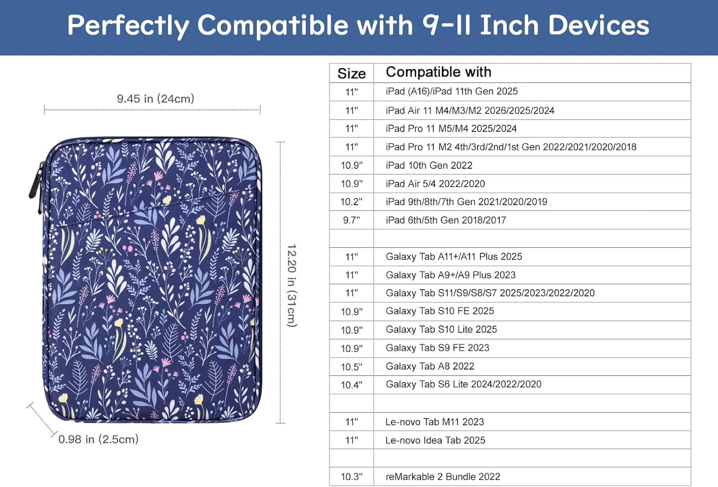 Dadanism 9-11" Tablet Sleeve Bag Carrying Case for iPad (A16) 11th Gen 11", iPad 10th Gen 10.9" Air 5/4, iPad Air M4/Pro 11", iPad 9/8/7th, Galaxy Tab A11+ Plus 11", Remarkable 2 10.3", Black