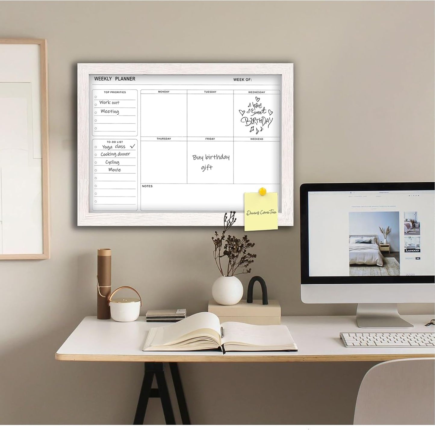 White Board Weekly Calendar Dry Erase Planner for Wall-16"X12",White Solid Wood Frame,Minimal/Modern Design, Magnetic Whiteboard Planner for to Do List, Memo, School, Home, Office, Kitchen