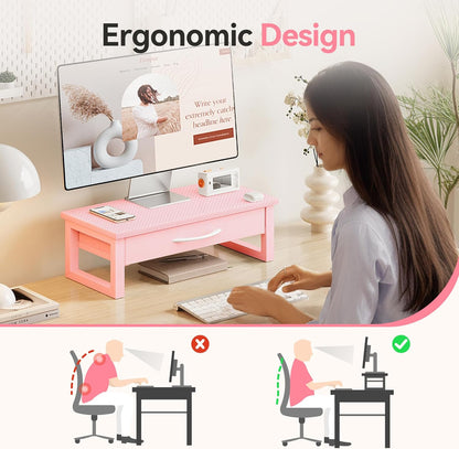 Computer Monitor Stand Riser, Desk Organizers and Accessories with Drawer, 2-Tier Laptop Stand for Desk, Office Organizer Storage, Wood
