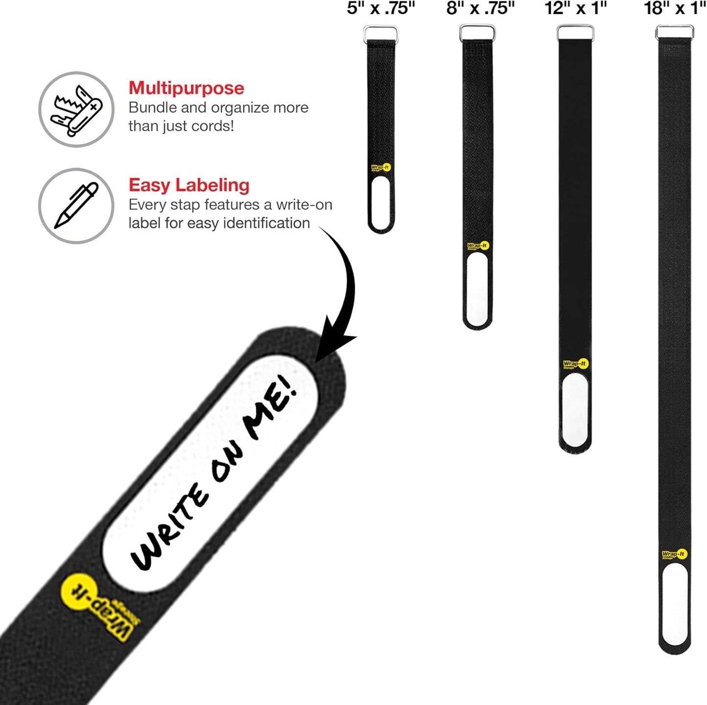Wrap-It Storage Cinch-Straps, 5-in (20-Pack) Black - Hook and Loop Strap with Write on Label for Easy Cord Identification and Cable Management