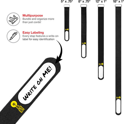 Wrap-It Storage Cinch-Straps, 5-in (20-Pack) Black - Hook and Loop Strap with Write on Label for Easy Cord Identification and Cable Management