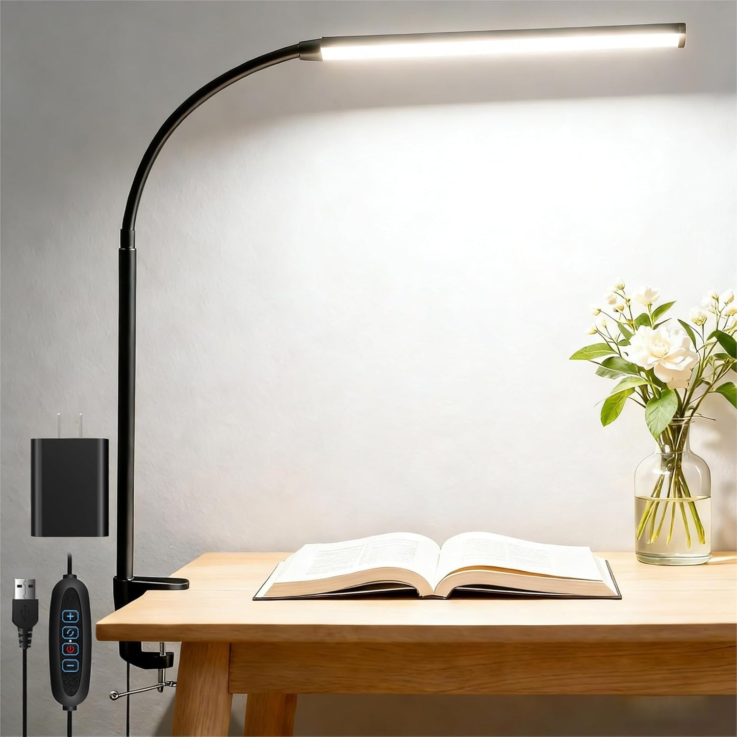 Akynite LED Desk Lamp with Clamp Clip on Reading Light Dimmable USB Small Clamp Lamp with 3 Color Modes 10 Brightness, Adjustable Flexible Gooseneck Workbench Light for Bed Headboard, Nail, Computer
