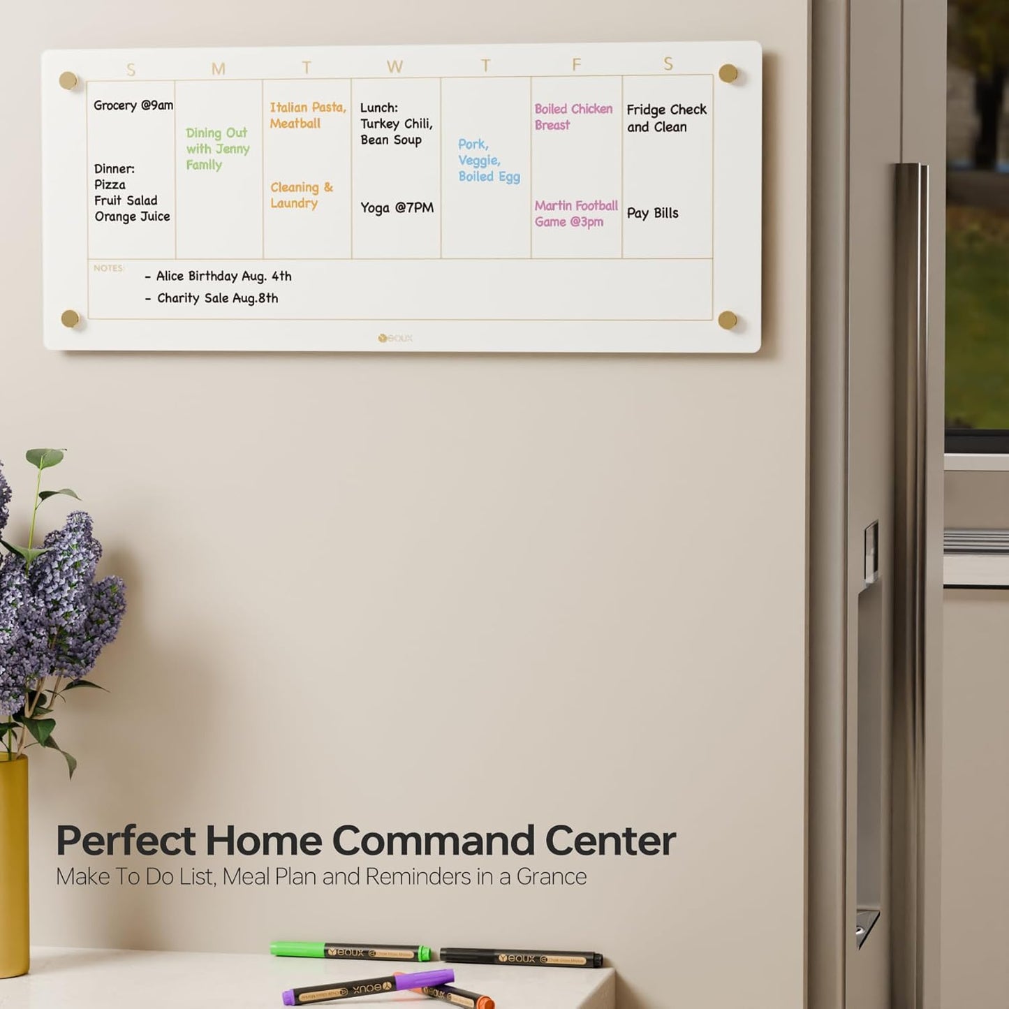 Glass Golden Weekly Dry Erase Calendar & Menu Whiteboard for Wall, Meal Planning & Grocery Shopping List White Board for Kitchen, 15x11, 7 Days Planner for Home, 4 Wet Erase Markers Included, Yeoux*