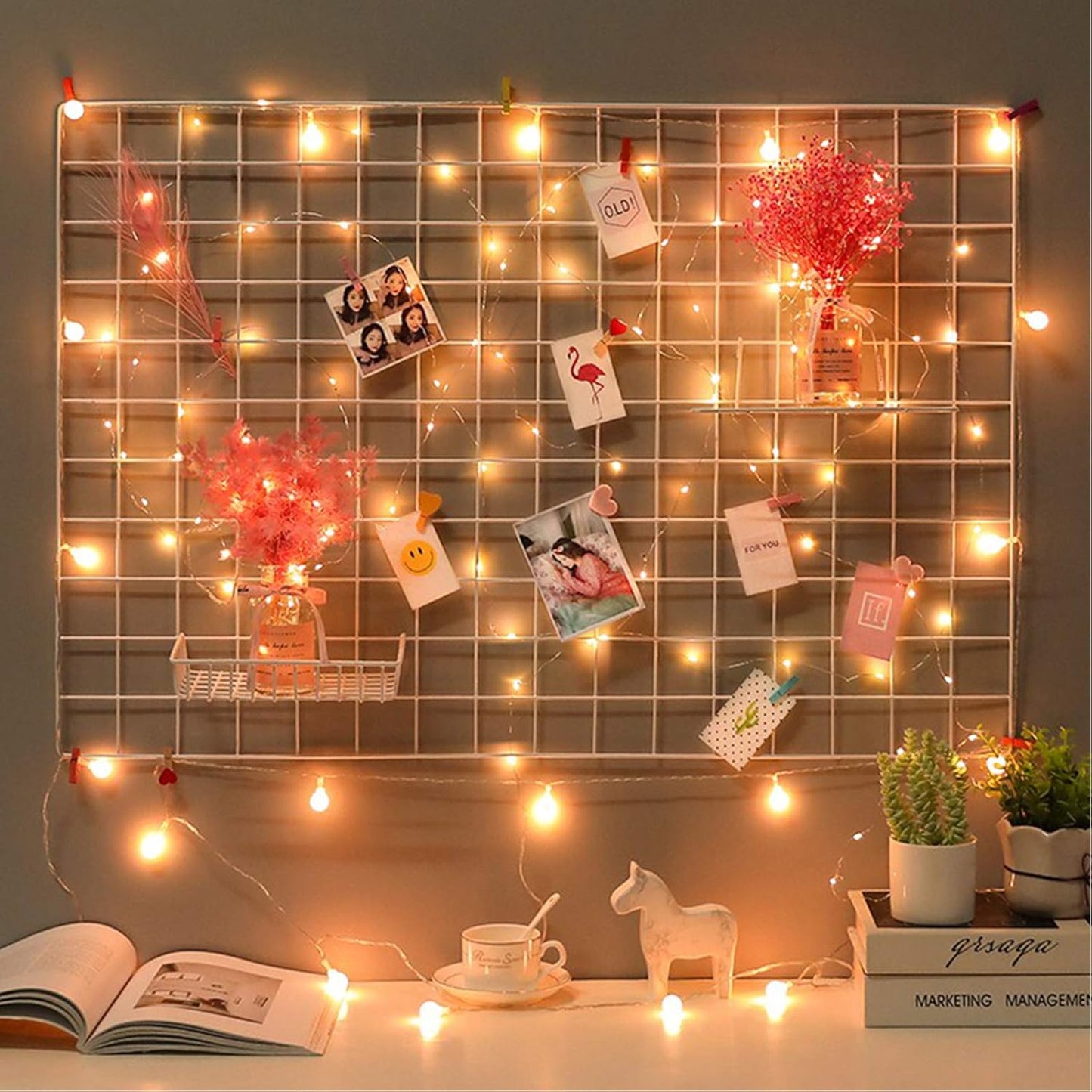 2 Pack Large Wall Grid Panels with Light and Clips, Photo Display Board, Picture Frame Collage Board, Wire Grid Wall Panel Room Decoration,Black