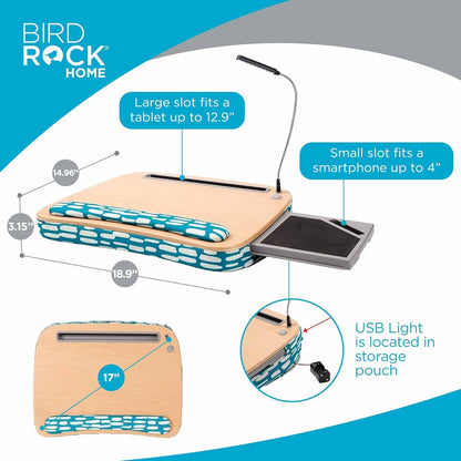 BIRDROCK HOME Deluxe Lap Desk with Pillow Cushion and Wrist Rest - Padded Laptop Desk for Bed, USB Light and Mouse Pad, With Reading Light, Soft Table for Home, Fits Laptops Up to 15" - Teal and Brown