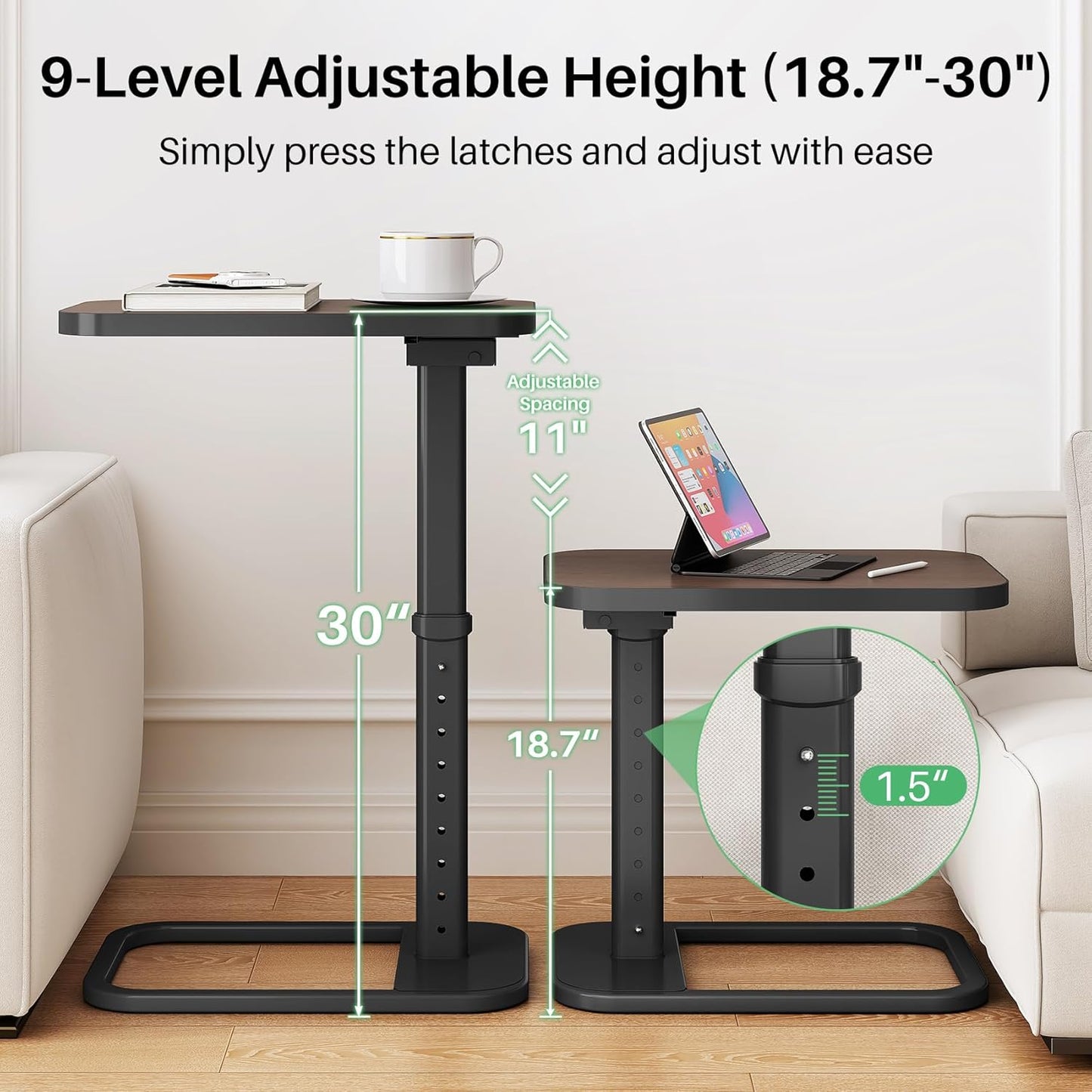 Kitstorack TV Tray Table, Adjustable Height & Flip-Top & Rounded Metal Corners, Snack Table for Couch, Sofa, Bed, Chair, Living Room, C Shaped End Side Table for Eating, Dinner or Laptop, Small Spaces