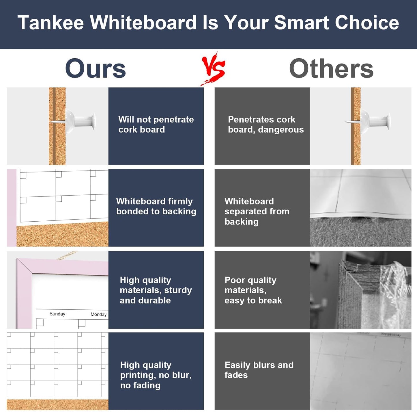 Calendar Whiteboard for Wall, TANKEE 17x13 Inches Whiteboard Calendar Cork Board Combo, Small Magnetic White Board with Wood Framed, Hanging Dry Erase Board for Kitchen Home Office School Planner