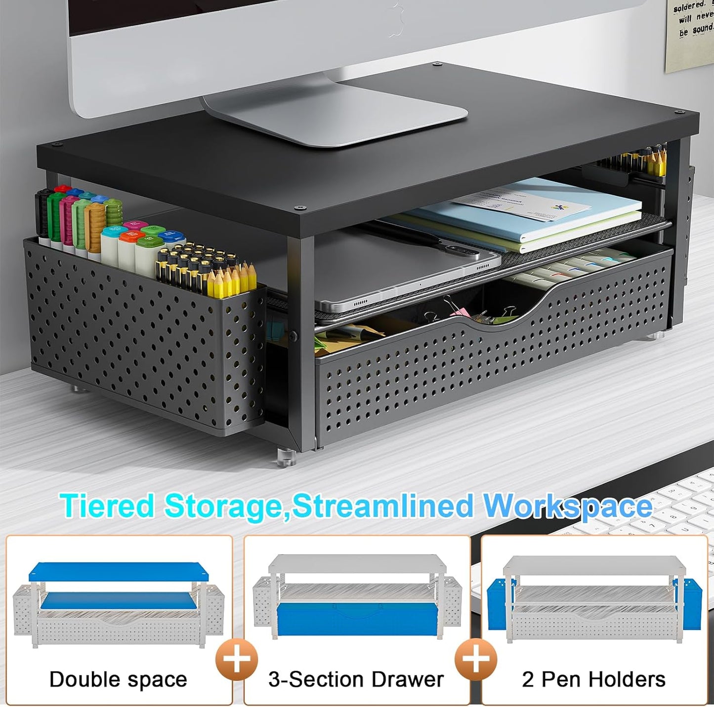 gianotter Monitor Stand Riser, Office Desk Shelf Organizer, Desk Organizer with Drawer and Pen Holder, 2-Tier Computer Stand, Office Organization (Ink)