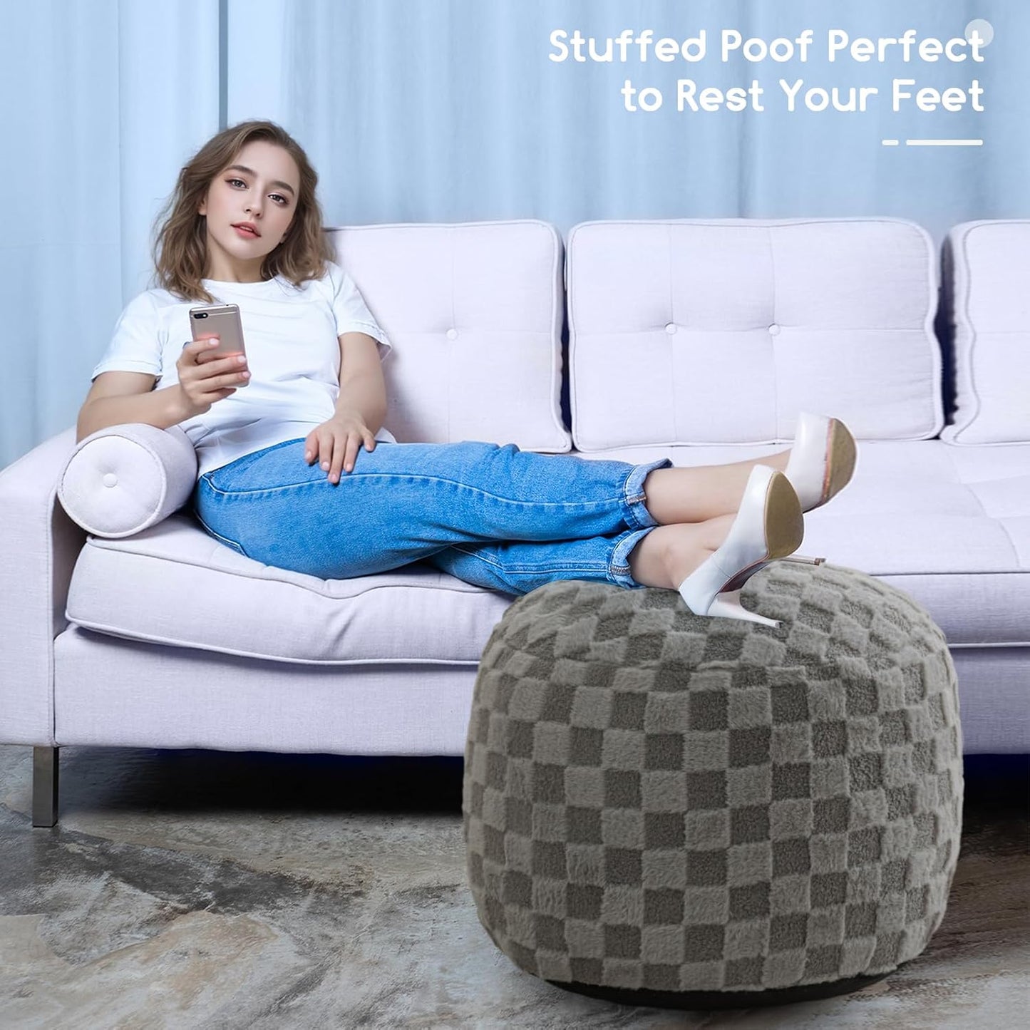 HIGOGOGO Round Stuffed Pouf Ottoman, Corduroy Poufs with Foam Chunk Filling, Furry and Fluffy Pouf Foot Stool Storage Ottoman, 20 X 15 Floor Poufs Foot Rest for Living Room, Dark Grey