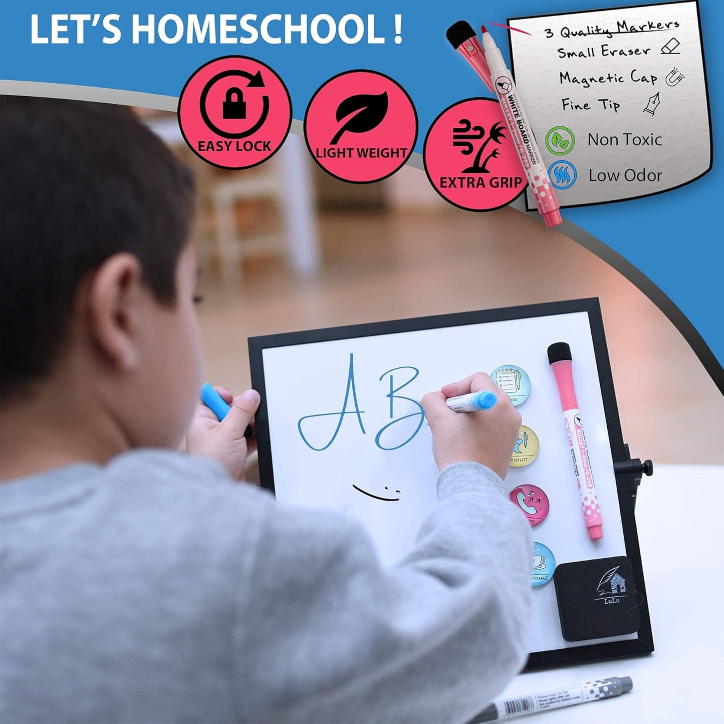 Dry Erase White Board for Desktop & Wall 12"x16" with 2 Magnetic Removable Planners - Weekly & Monthly to Do List Board with Stand, 6 Markers Eraser & Wall Hangers - Portable Double Sided Magnetic
