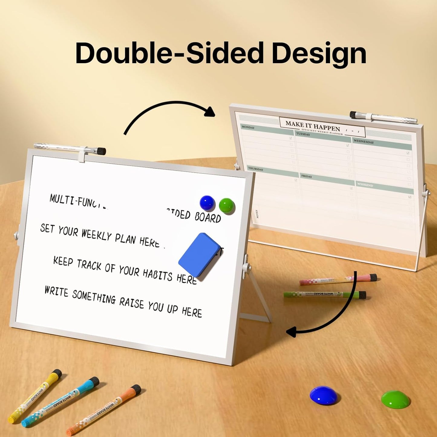 Marsrock Dry Erase White Board with Stand,Double-Sided Weekly Whiteboard 16"x12", 10 Markers, 6 Magnets, 1 Eraser, Portable Desktop Whiteboard for Planning,Weekly Schedule Board for School for Home