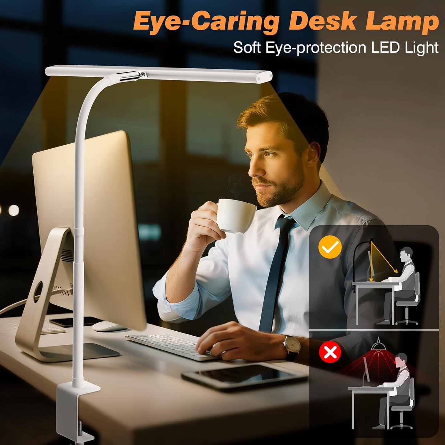 Airlonv LED Desk Lamp for Office Home, Eye-Caring Desk Light with Stepless Dimming Adjustable Flexible Gooseneck, 10W USB Adapter Desk Lamp with Clamp for Reading, Study, Workbench (Black)