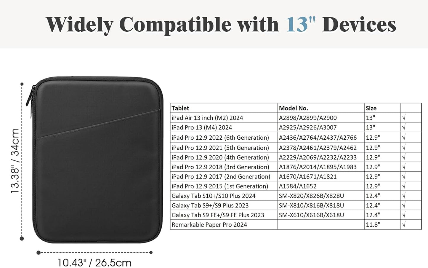 TiMOVO 9-11" Tablet Sleeve Bag for iPad 11-inch A16 2025, iPad 10.9"/10.2"| Air 11 Inch/5th/4th Gen. 10.9", Galaxy Tab A9+/A11Plus 11", Protective Bag with Pocket, Black