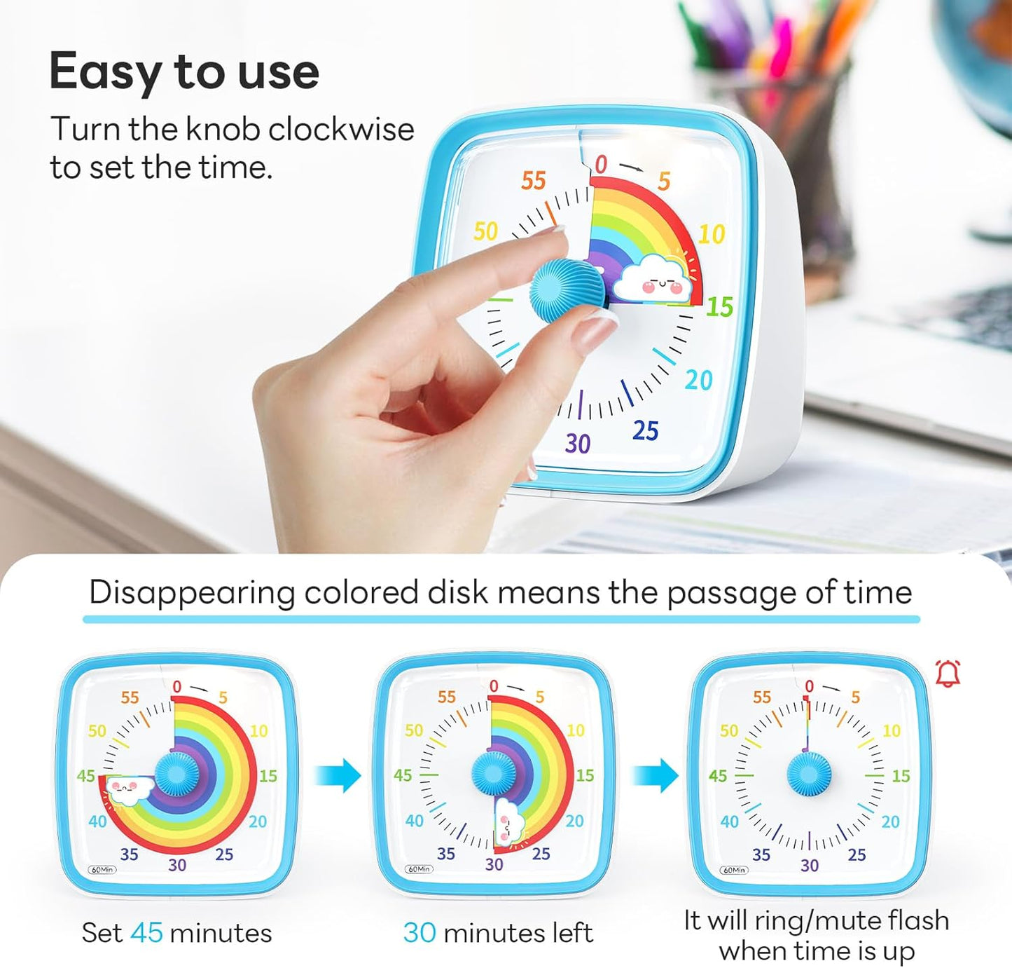 Yunbaoit Visual Timer with Night Light, 60-Minute Countdown Timer for Kids and Adults, Silent Classroom Timer, Time Management Tool for Home, School, or Work (Light Blue)