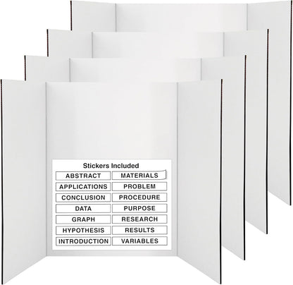 Trifold Poster Board 36" x 48" White Presentation Board - Self-Adhesive Science Subtitles Included - Science Fair Display Boards, for School, Fun Projects and Business Presentations - by Emraw