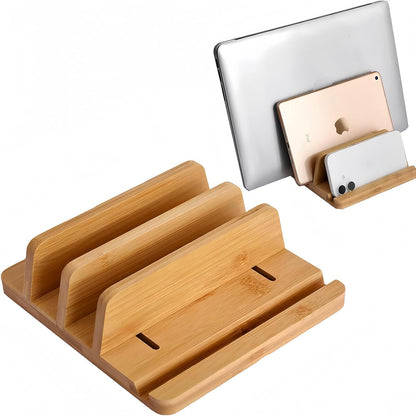 Vertical Laptop Stand for Desk Dual Slot 1.4-2in Width Adjustable Dock for MacBook Pro and Other Laptops,Bamboo Stand for Desk,MacBook Air Pro/Dell XPS/Surface pro/HP/Pixelbook/Lenovo,More Laptops