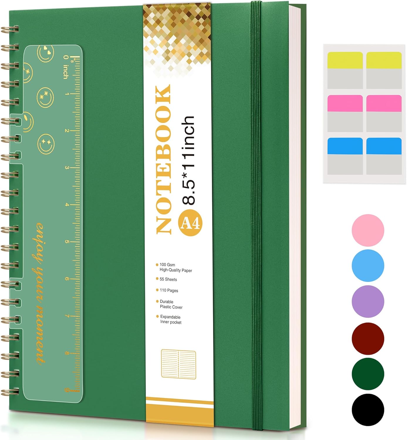 Dotted Notebook, Spiral Notebook Journal 8.5” x 11”, A4 Large Dot Grid Notebooks for Women Men, 100 GSM Dotted Paper, Plastic Hardcover Spiral Bullet Journals for Work School Sketching, Green