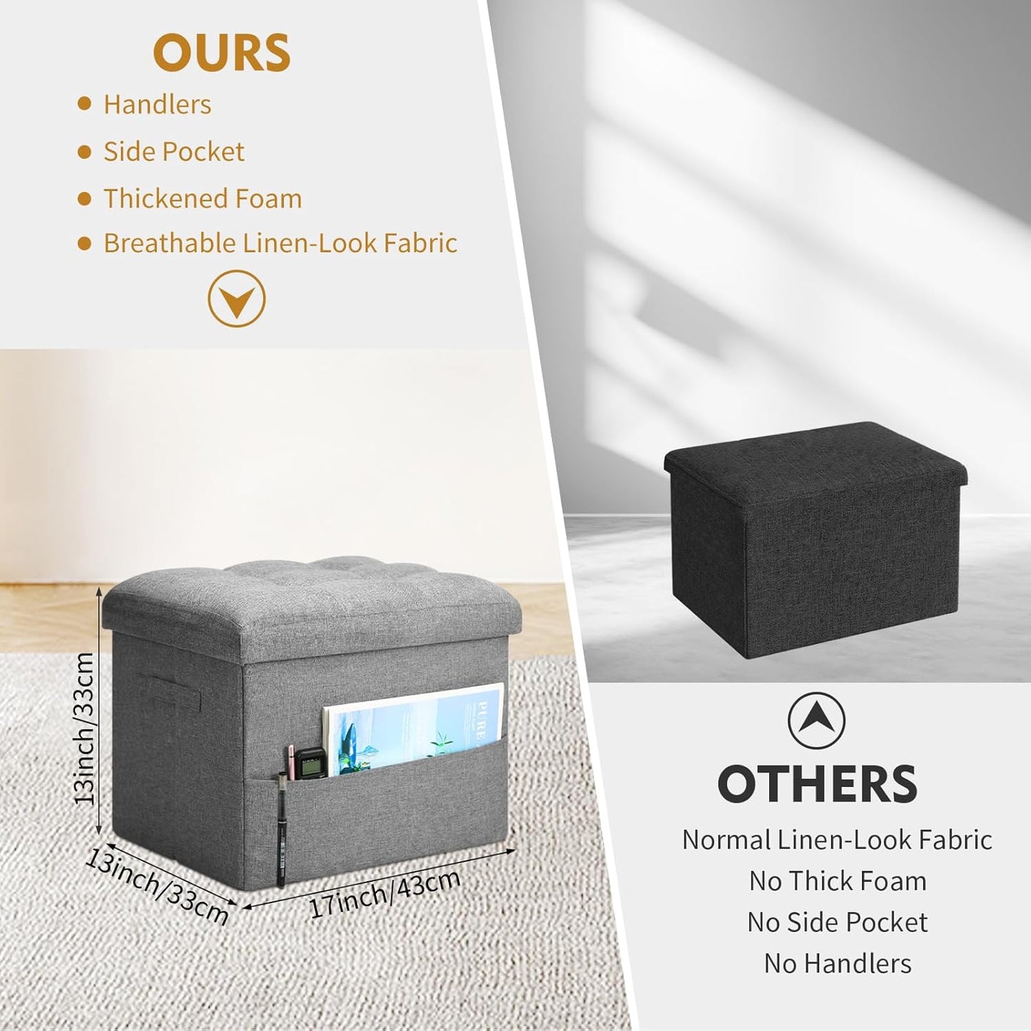 Storage Ottoman with Extra Thick Foam Padded Seat, Foldable Foot Rest Stool with Linen Fabric, 43L Ottoman with Storage Bench for Bedroom Living Room, Holds Up to 300lbs, 17x13x13in, Dark Gray