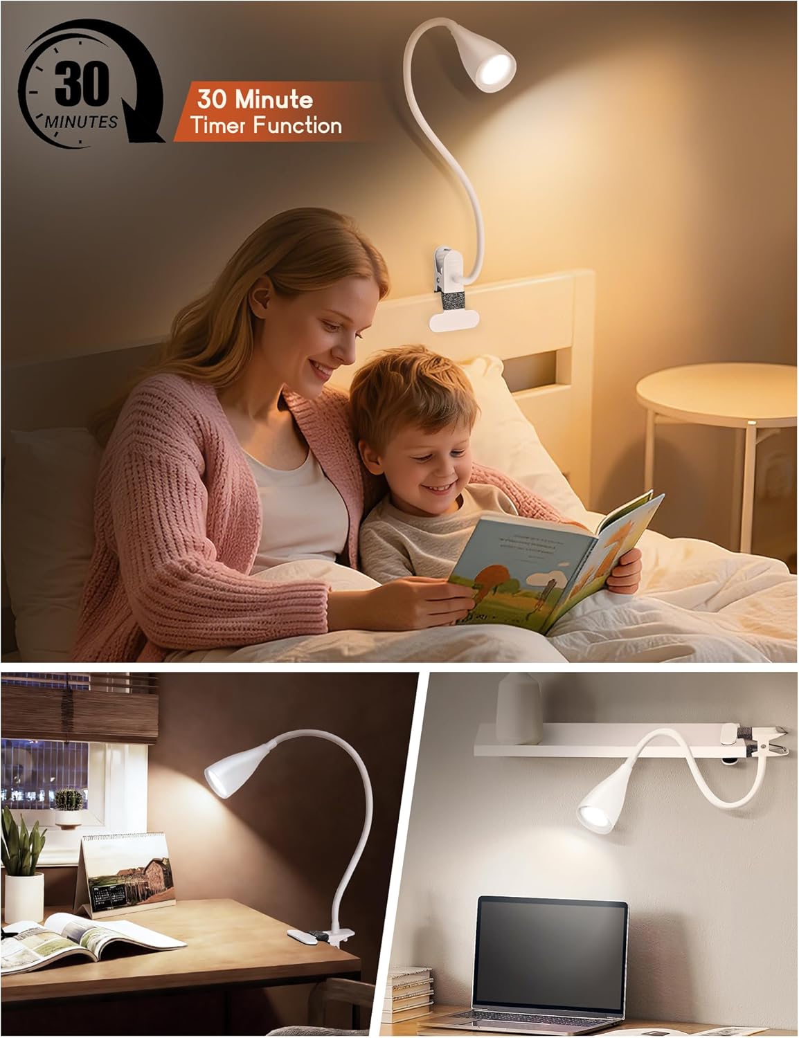 Reading Light for Book in Bed, Clip on Light Reading Lamp with Adapter, 5 Color Modes 10 Brightness, 360° Flexible Eye-Caring Clip on Desk Lamp Book Light for Reading in Bed Headboard Bedside Bedroom