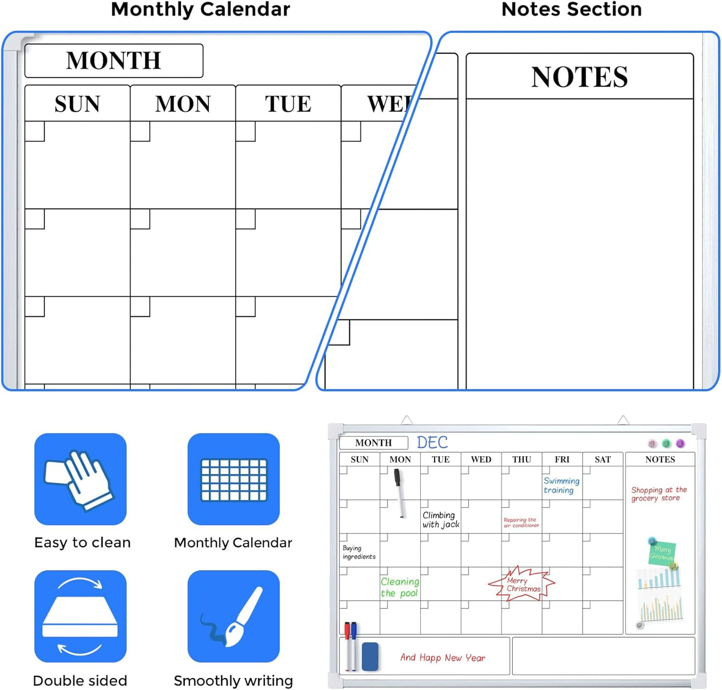 MaxGear Monthly Calendar Dry Erase Board for Wall, 16"x12" Small Hanging Double-Sided White Board, Portable Whiteboard for Planning, Drawing, Memo, to Do List, School, Home, Kitchen, Office