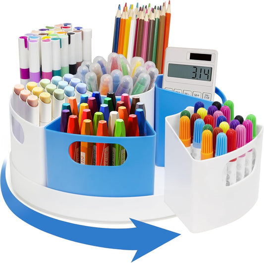 Rotating Art Supply Organizer Storage Caddy for Kids, 7 Bins Craft Crayon Marker Organizers for School Desk, Lazy Susan Pencil Holder for Classroom Organizations (gray and white)