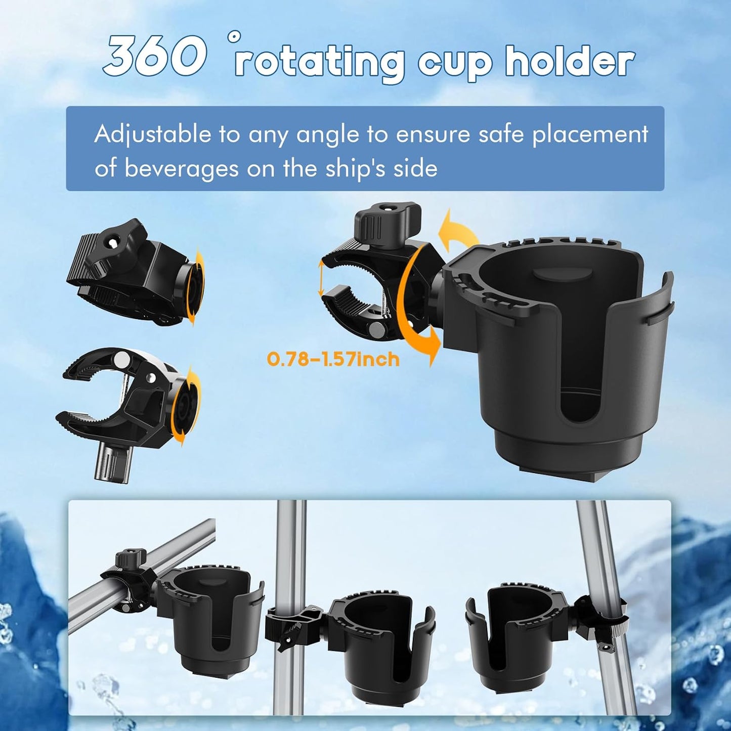 Cup Holder with 0.6"-1.5" Aluminum Clamp - Drink Holder for ATV, Motorcycle, Bike, Wheelchair, Golf Cart, Fits Maximum Diameter of 3.38 inches Bottles.