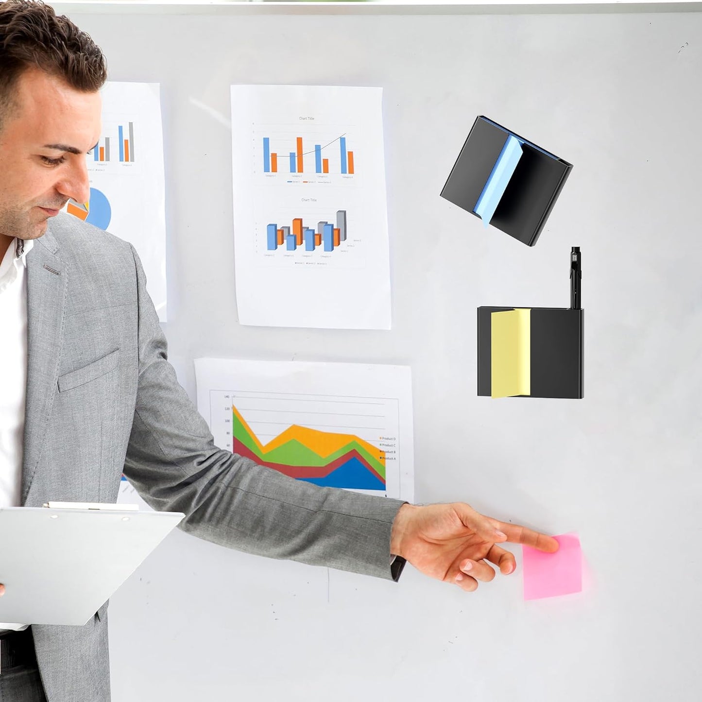 Sticky Note Dispenser, Magnetic Sticky Note Holder for Post It Notes, 3 x 3 Inch Sticky Note Pen Organizer for Office Home Classroom, Black