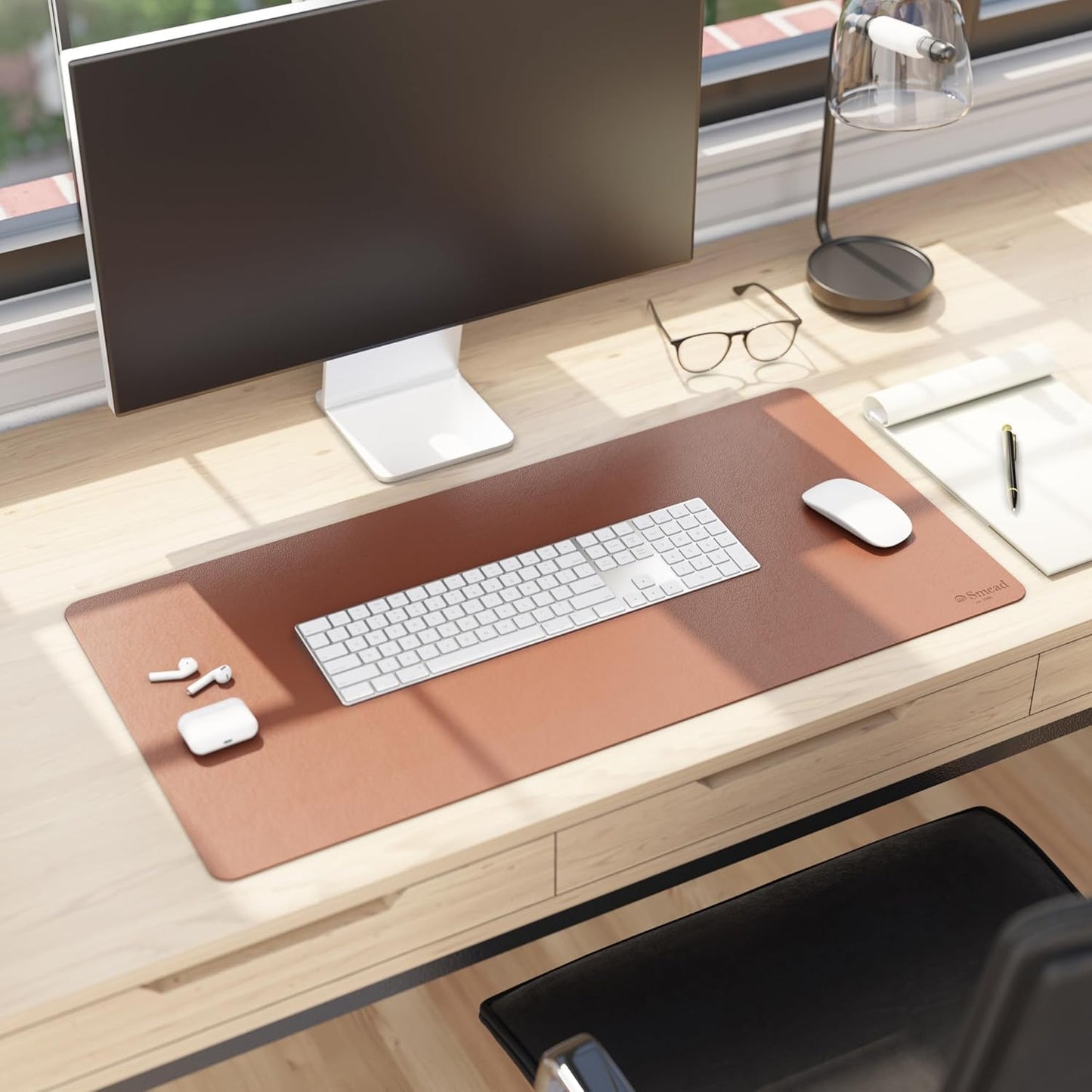 Smead Desk Pad, Vegan Leather Desk Mat with Non-Slip Faux Suede Backing, Perfect Desk Organizer for Office Decor, 31.5” x 15.7” Medium, Sandstone (64831)