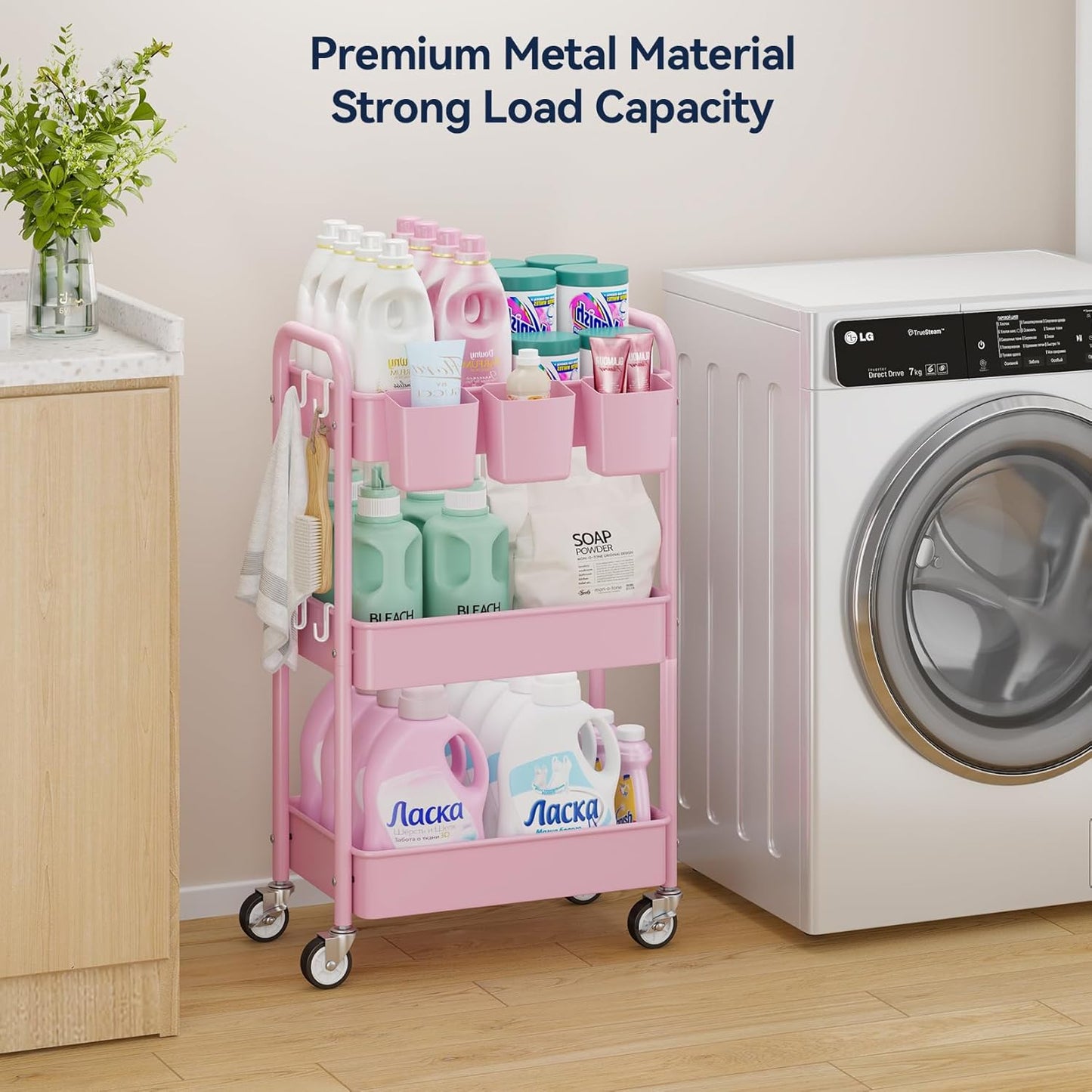 YASONIC 3 Tier Rolling Cart - Metal Utility Cart with Wheels, Hanging Cups, Hooks, Heavy Duty Mesh Rolling Storage Cart Organizer, Craft Cart for Kitchen Office, Lightweight and Sturdy