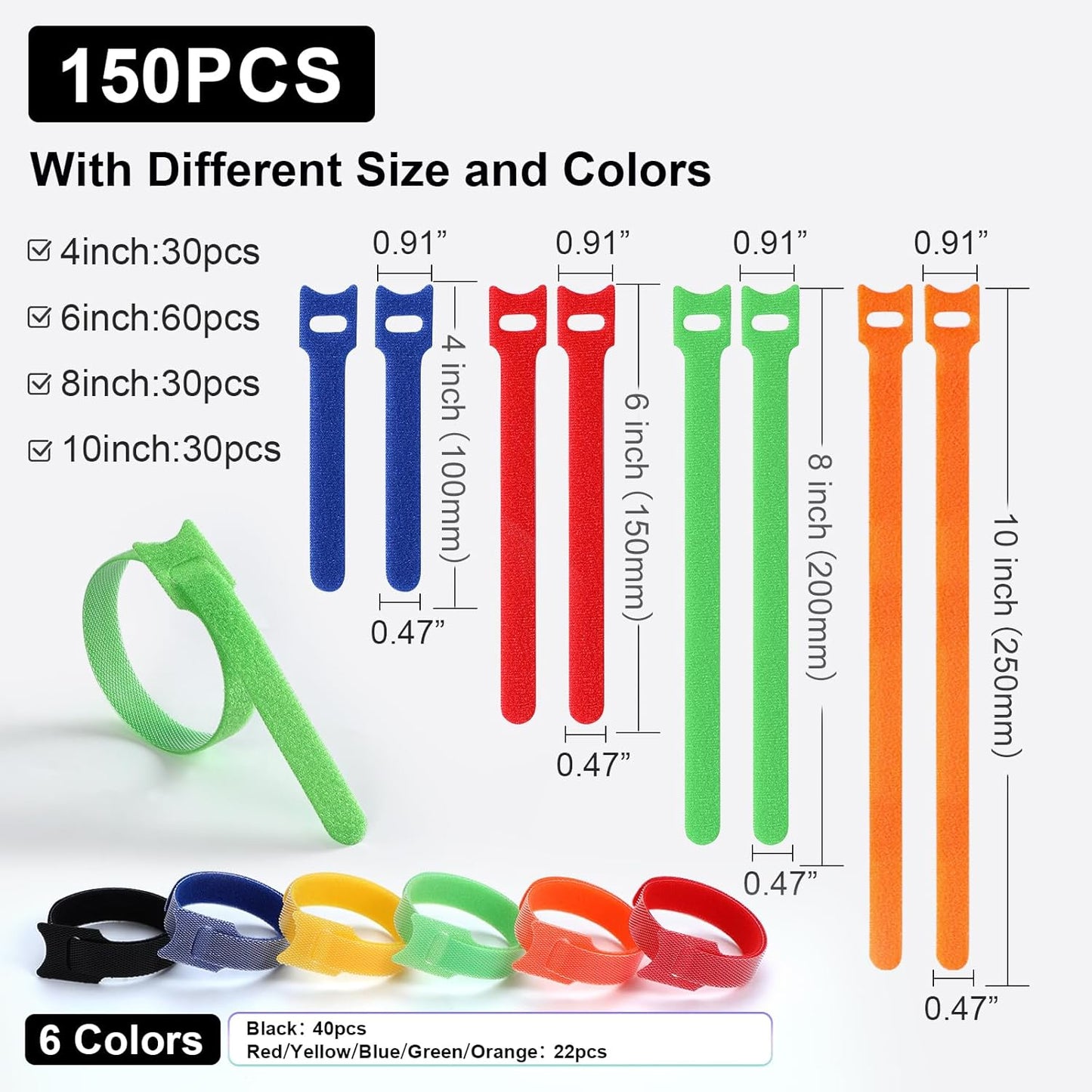 150PCS Cable Ties, 4+6+8+10 inch Multi-Colour Straps for Cable Management, Adjustable Fastening Cord Wraps, Multi-Purpose Reusable Hook and Loop for Home, Office and Garage
