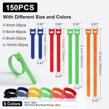 150PCS Cable Ties, 4+6+8+10 inch Multi-Colour Straps for Cable Management, Adjustable Fastening Cord Wraps, Multi-Purpose Reusable Hook and Loop for Home, Office and Garage