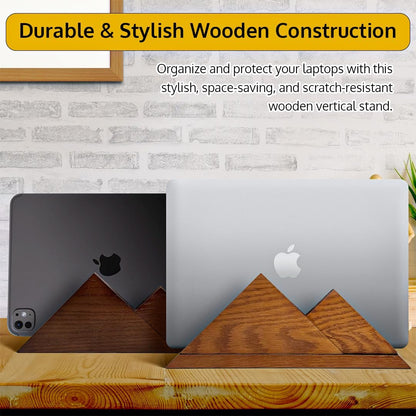 Dual Laptop Holder Vertical Stand 2 Slots Wooden - Dark Brown (Walnut Color) - Vertical Holder for Desk, MacBook Pro & Air, Desktop Organizer Made of Natural Wood, Adjustable Stand for Notebooks