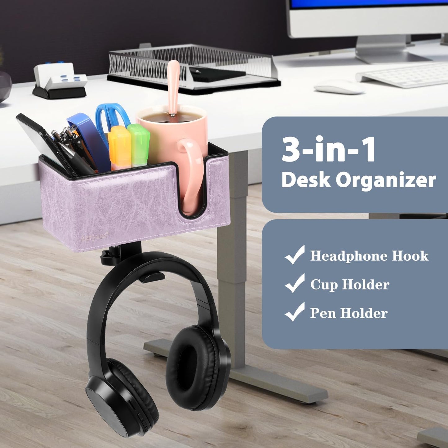 Desk Cup Holder Clip on Pen Holder Headphone Hanger Headset Stand Rotatable Clamp Hook Under Desk (Black)